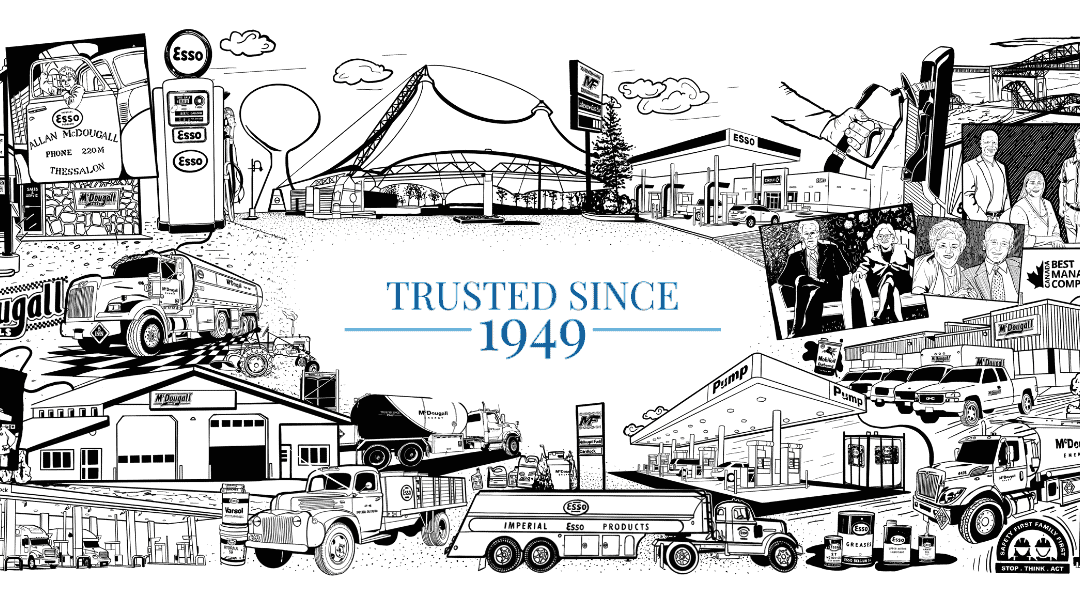 Fuel service station with trucks and fuel pumps, emphasizing trusted fuel products since 1949.