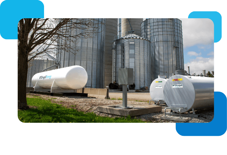 Bulk fuel storage tanks at McDougall Energy facility, promoting reliable fuel delivery services.