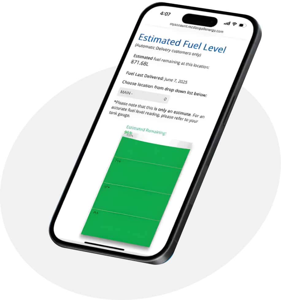 Fuel level display on mobile app for residential fuel delivery service provided by McDougall Energy.