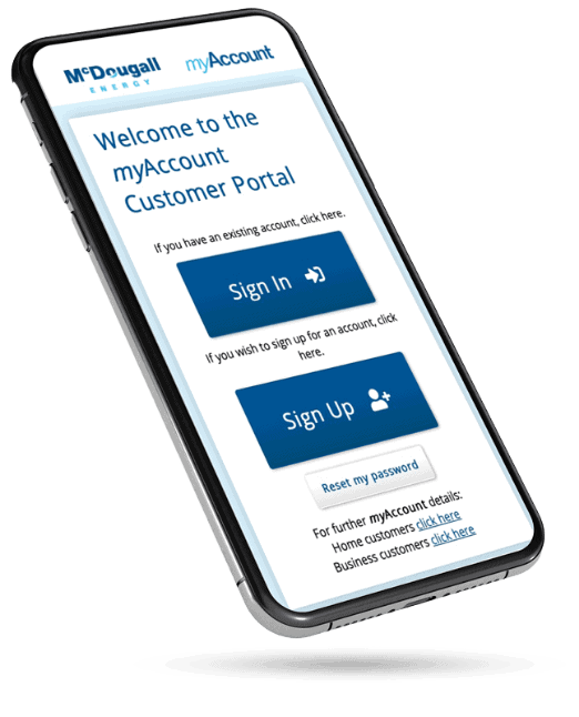 Shows a mobile phone displaying the McDougall myAccount webpage